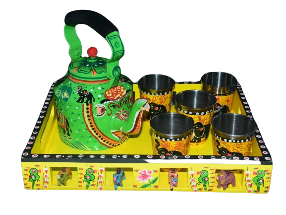 “Varanasi Elegance: Namrata’s GI-Registered Green & Yellow Lacquerware Tea Set with Steel Glasses”