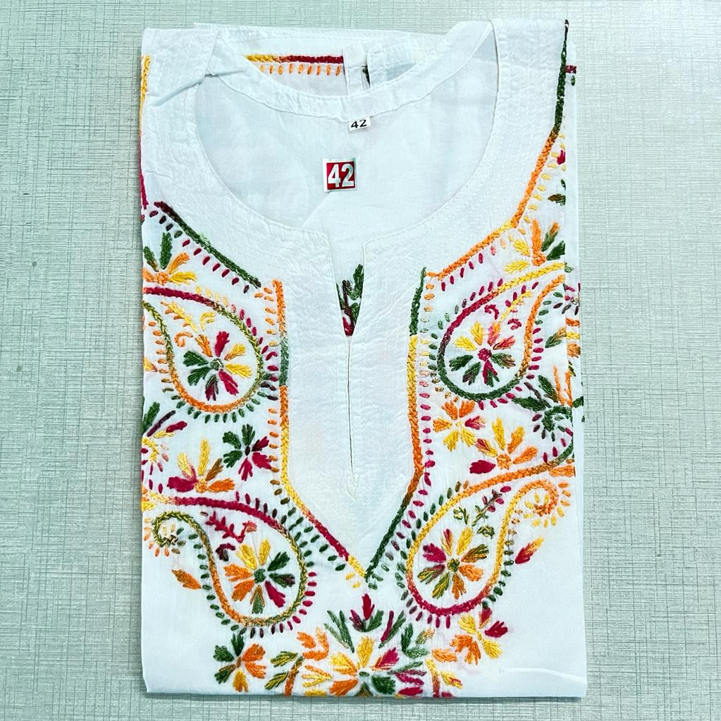 White Cotton Summerwear Kurti with Green Kashmiri Embroidery