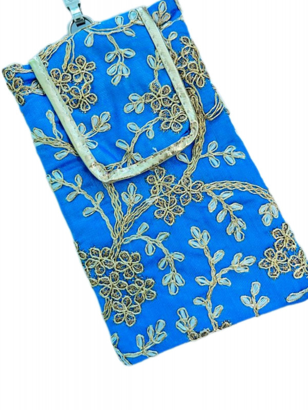 Mobile pouch blue zari Handmade Bag