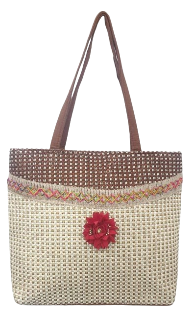 “Artisanal Handwoven Two-Tone Bag with Flower Embellishment”