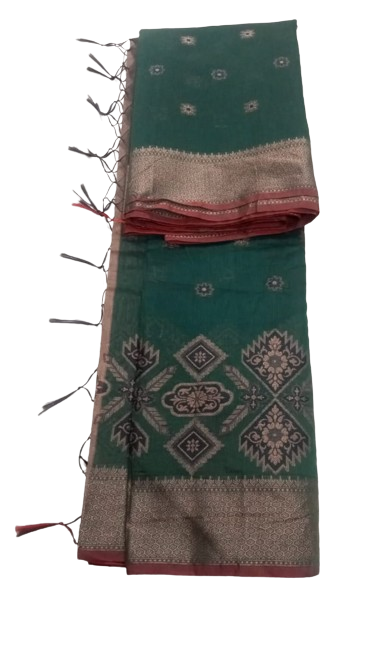 Handwoven Green Banarasi Saree with Zari Work and Booti Border, Woven by Rural Women